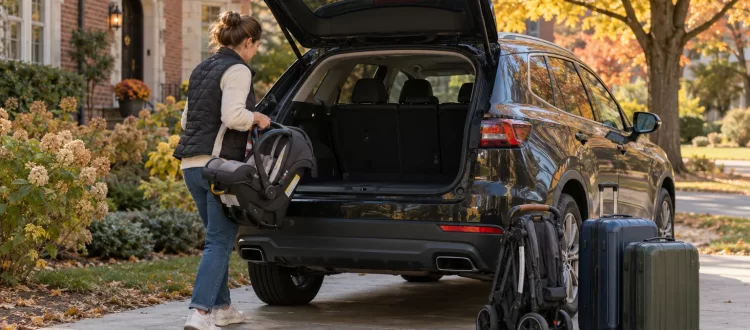 An adult holding an empty infant car seat beside an open SUV with a folded stroller and two suitcases