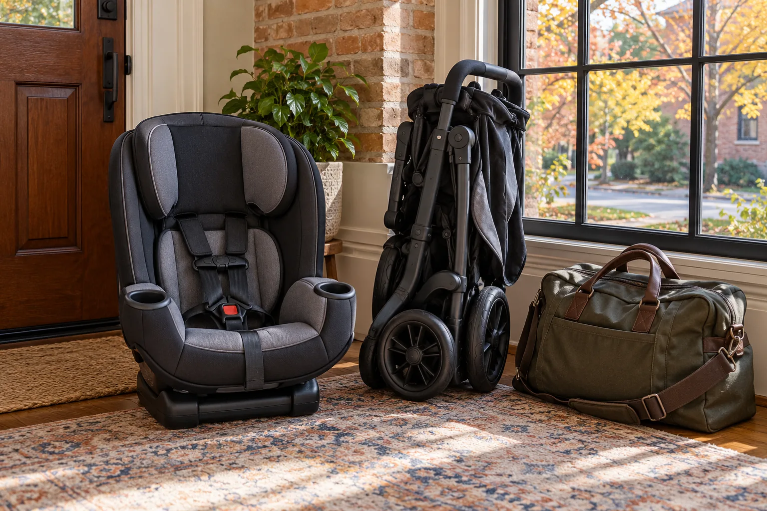 Family airport equipment inventory - Go Chicago Limo An empty child seat, folded stroller and overnight bag beside a window in a brick home