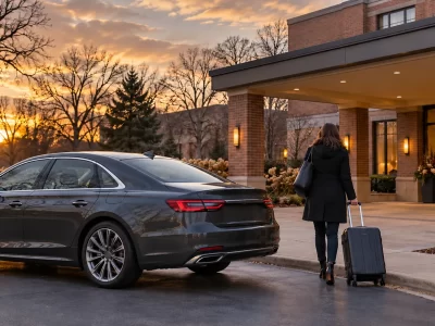 Traveler with rolling luggage beside a dark sedan outside a brick hotel at dusk
