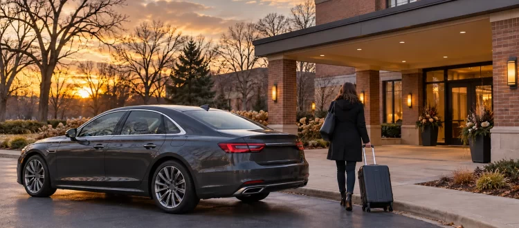Traveler with rolling luggage beside a dark sedan outside a brick hotel at dusk