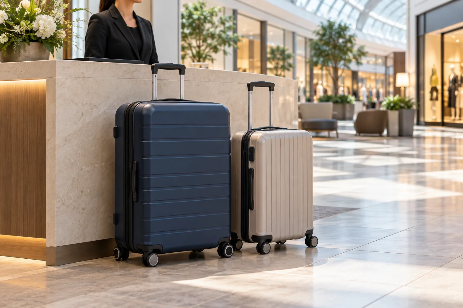 Checking a shopping-center luggage option - Go Chicago Limo Two rolling suitcases beside a concierge counter in a bright indoor shopping center