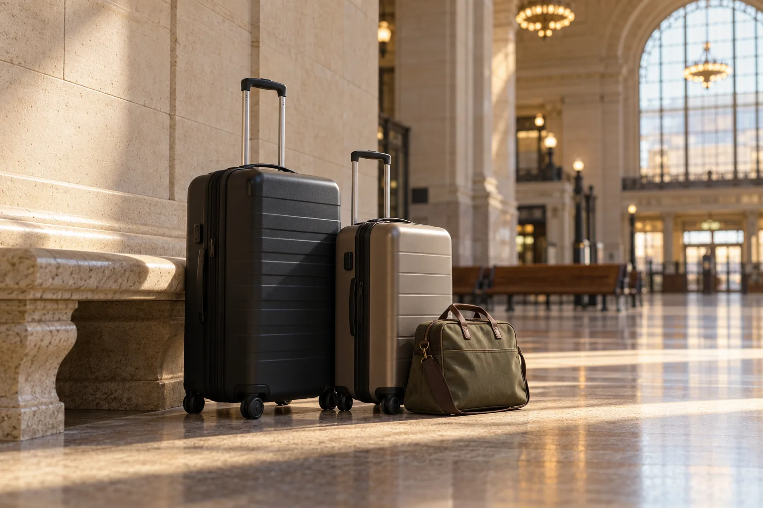 Luggage gathered before leaving the station - Go Chicago Limo Two upright suitcases and a small travel bag in a Chicago rail station-inspired public hall