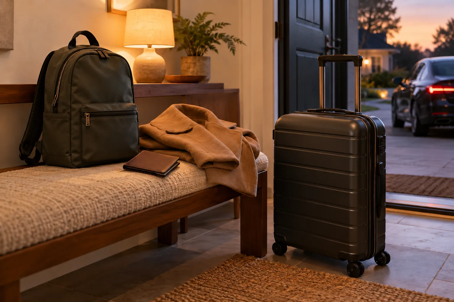 Preparing bags before the airport pickup - Go Chicago Limo Backpack, plain document cover and coat on an entryway bench beside a rolling suitcase