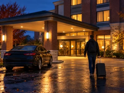 Traveler with a rolling suitcase approaching a lit suburban hotel beside a dark sedan