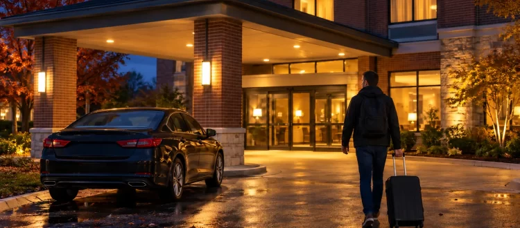 Traveler with a rolling suitcase approaching a lit suburban hotel beside a dark sedan