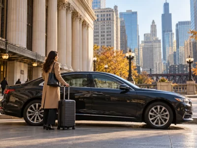 Traveler with a rolling suitcase beside a dark sedan near a Chicago station-inspired facade