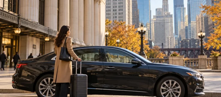 Traveler with a rolling suitcase beside a dark sedan near a Chicago station-inspired facade