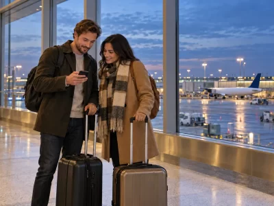 Two travelers in coats checking a phone beside rolling suitcases in a public airport hall
