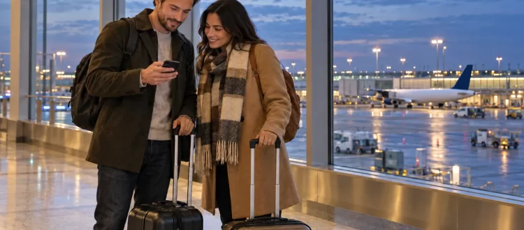 Two travelers in coats checking a phone beside rolling suitcases in a public airport hall