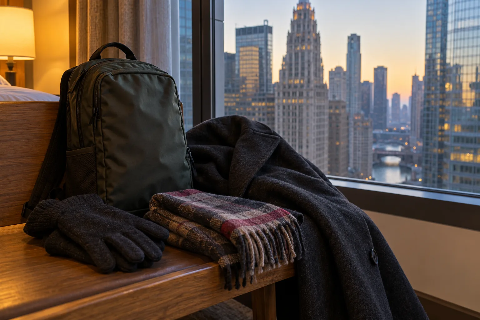 Daypack, gloves, scarf and coat on a hotel bench beside a Chicago city view